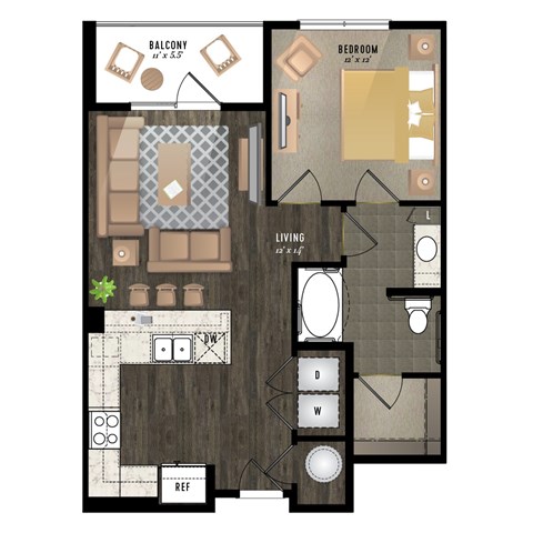 Floor plan for 1 bed, 1 bath, 725 sqft